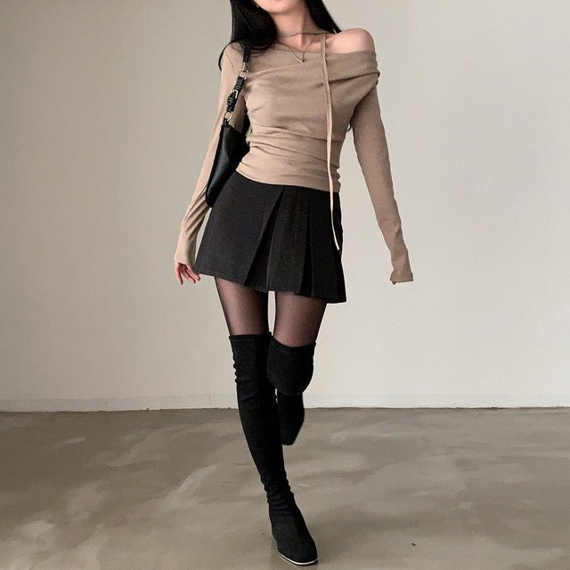 💕溫柔春秋純欲露肩+飄帶顯瘦法式上衣
