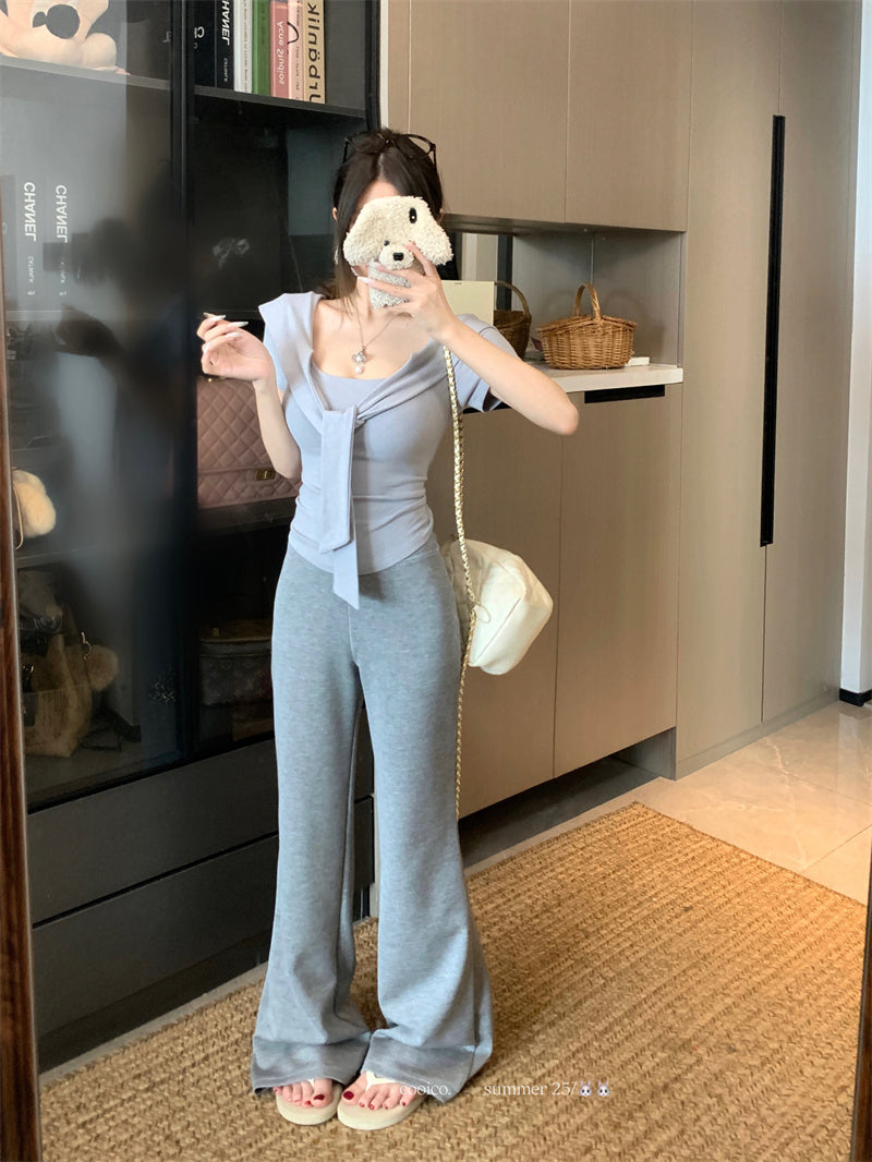 💕夏季綁帶方領短袖通勤百搭套裝