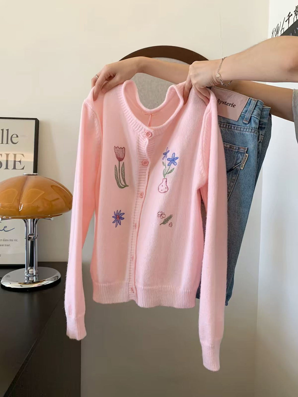 💕慵懶甜美粉色刺繡小花翻領針織開衫