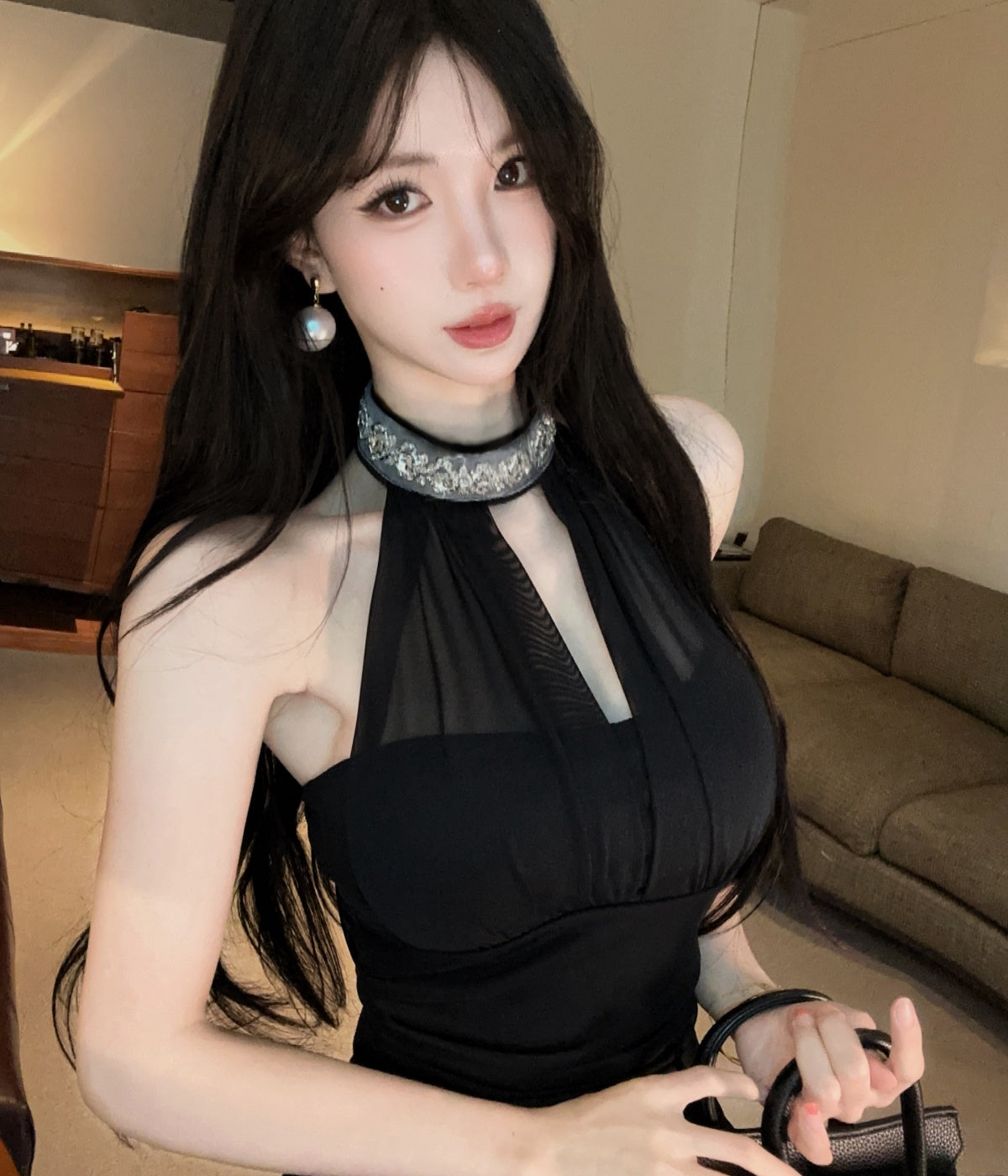 💕純御皺褶釘珠掛脖無袖包臀連身裙