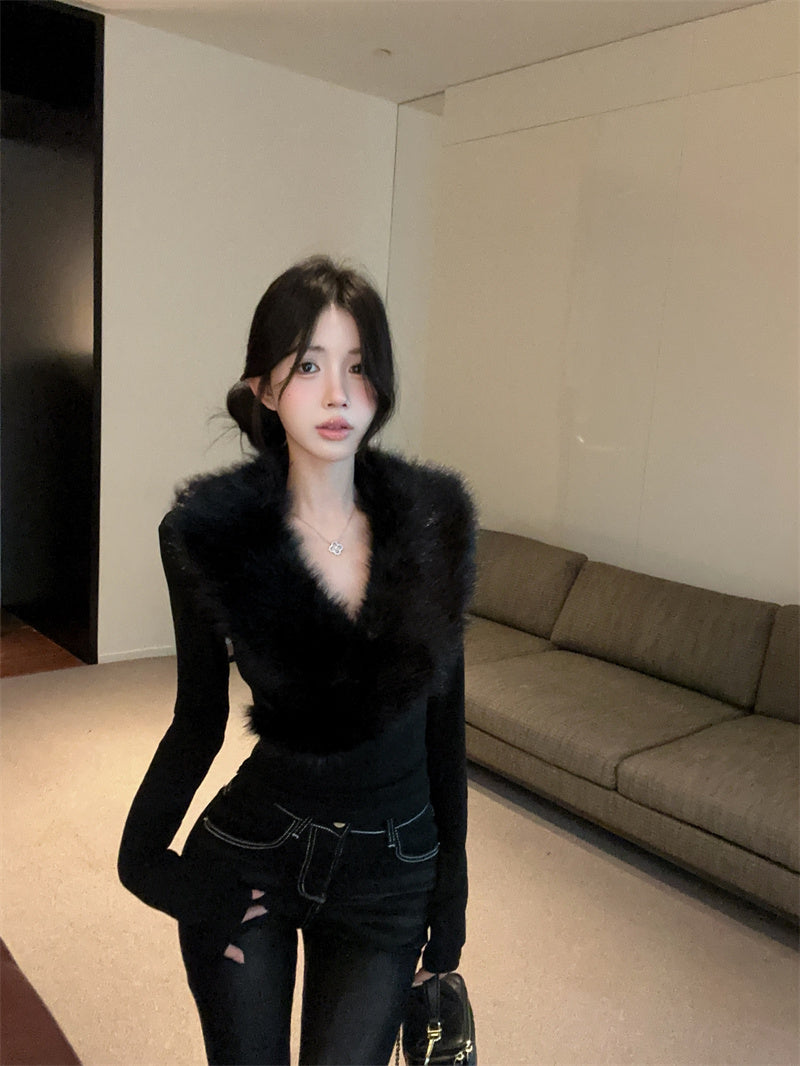💕純欲辣妹毛領拼接V領長袖修身上衣