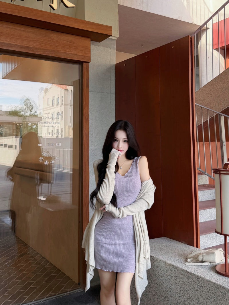 💕簡約百搭圓領吊帶收腰包臀連身裙+開衫