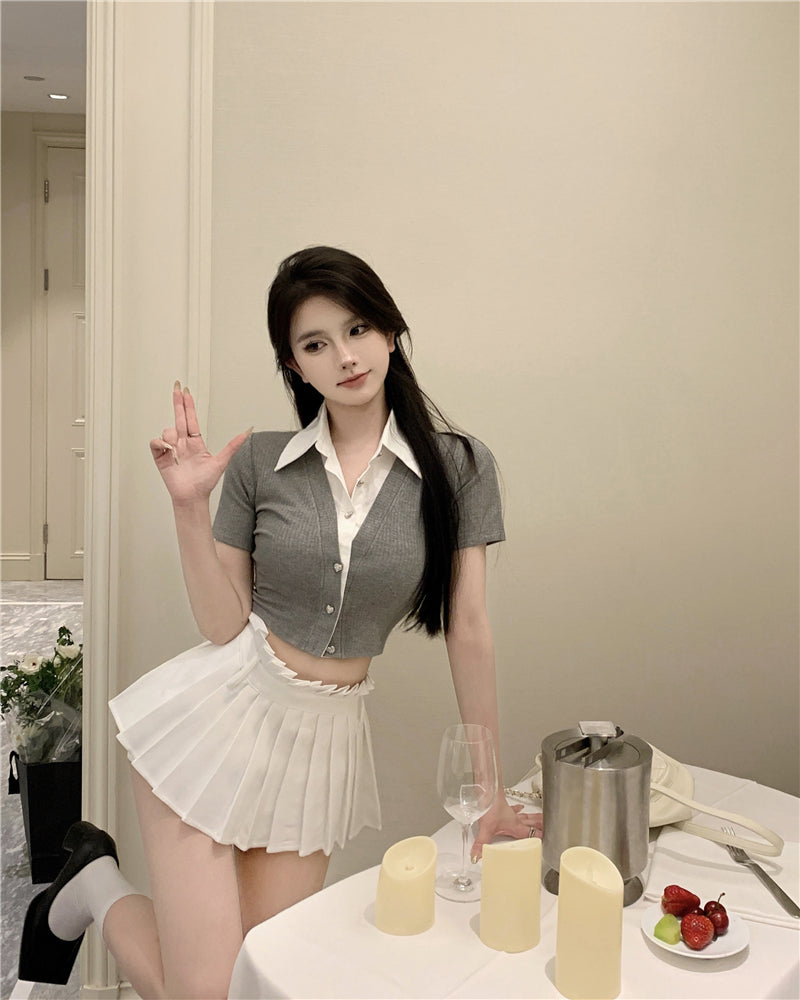 💕韓系氣質假兩件翻領修身短款針織衫