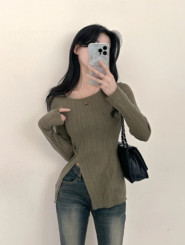 💕韓系春秋顯瘦設計感收腰開衩長袖上衣