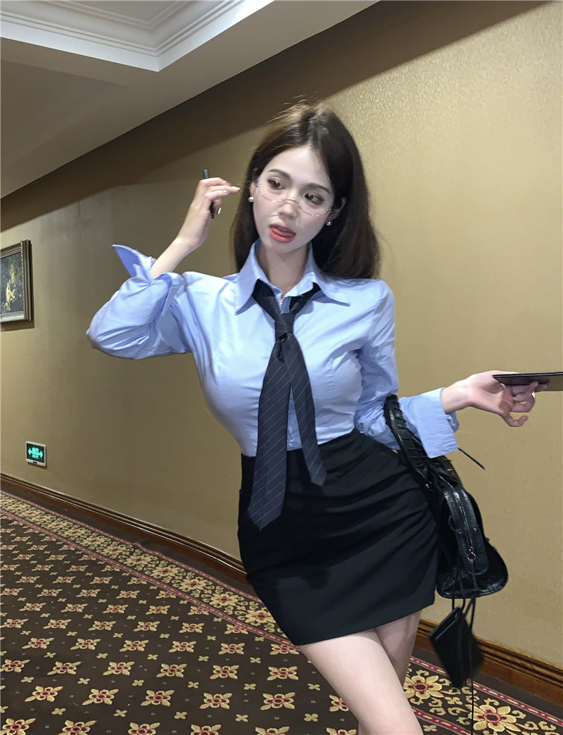 💕韓版秘書款收腰帶領襯衫兩件套