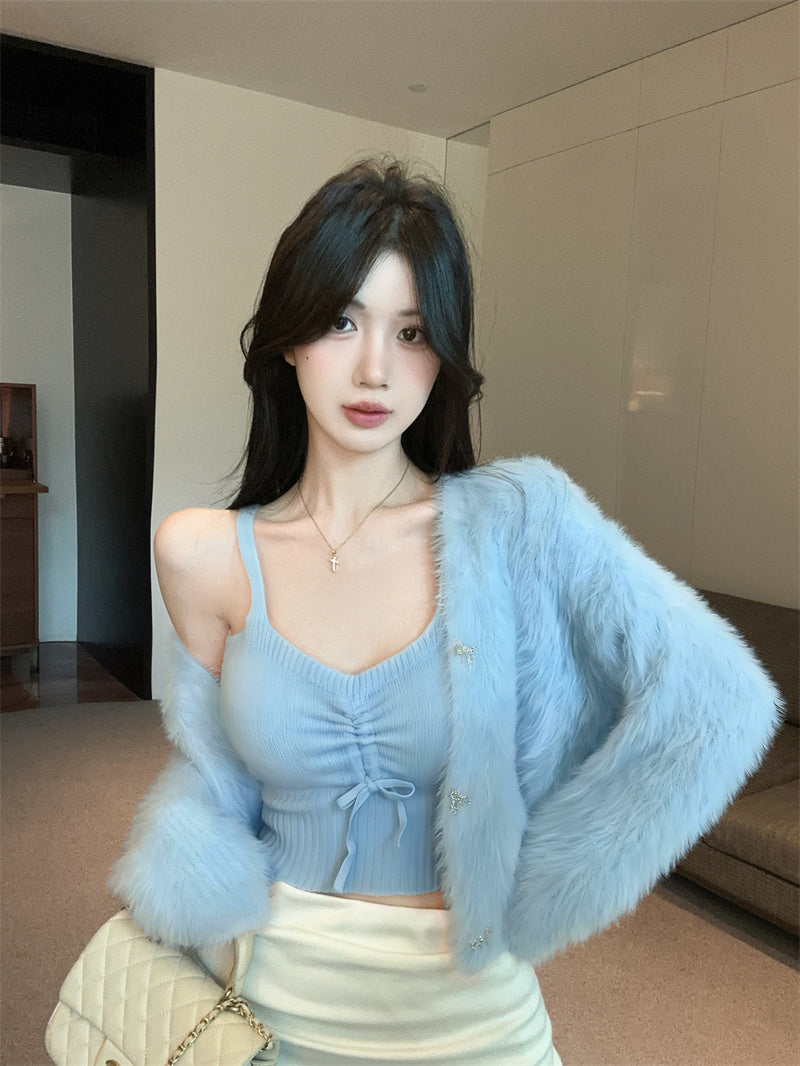 💕法式仿貂毛V領針織吊帶兩件套