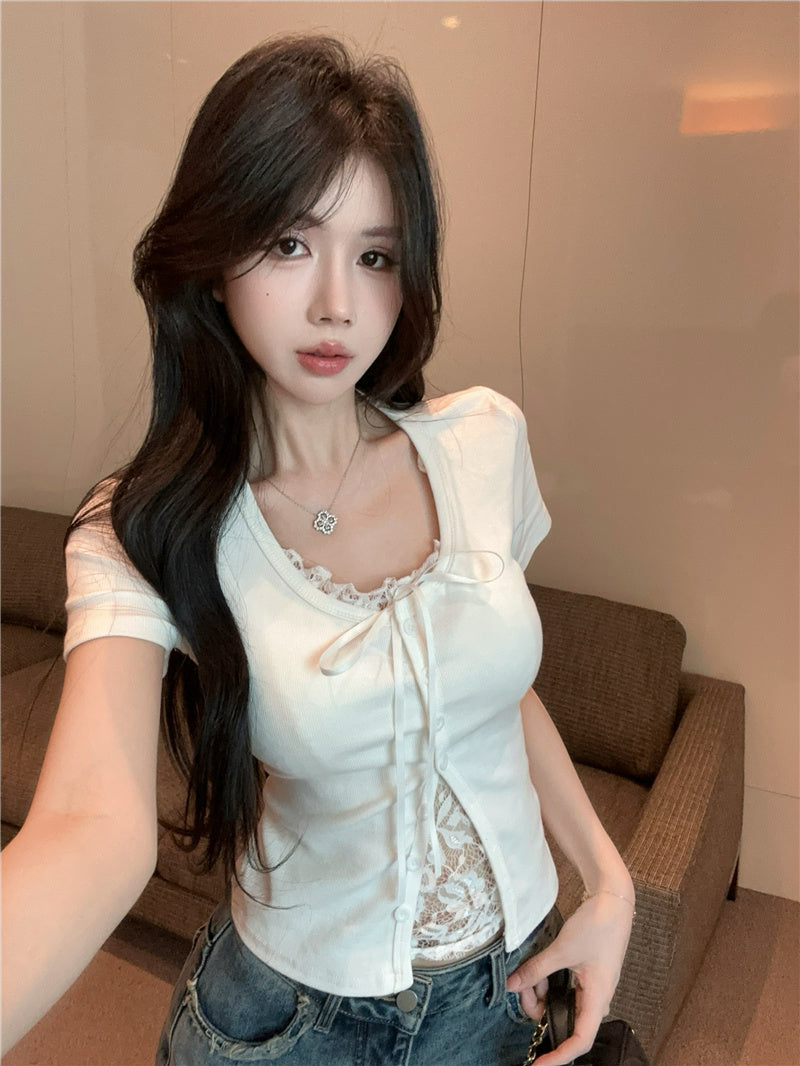 💕高級感假兩件短袖拼接蕾絲上衣