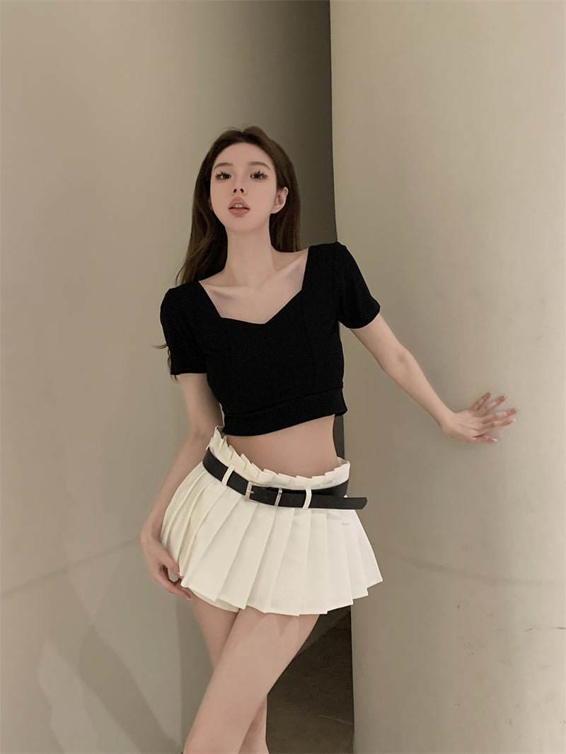 💕方領百搭露鎖骨顯瘦短版露臍上衣