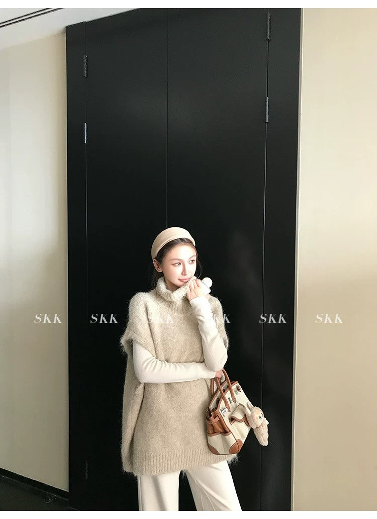 💕春季疊穿羊毛拉毛高領背心馬甲慵懶毛衫