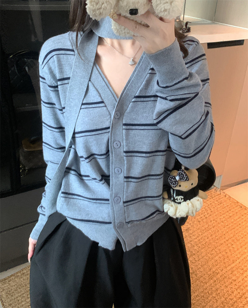 💕法式學院風復古條紋掛脖針織V領上衣