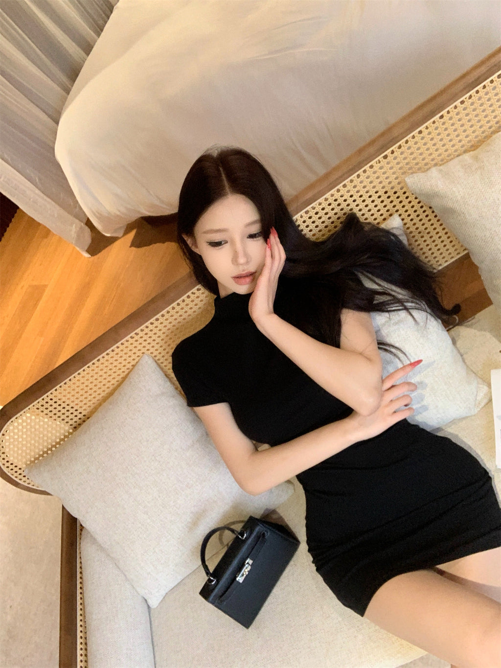 💕韓系法式高級感半高領短袖連衣裙