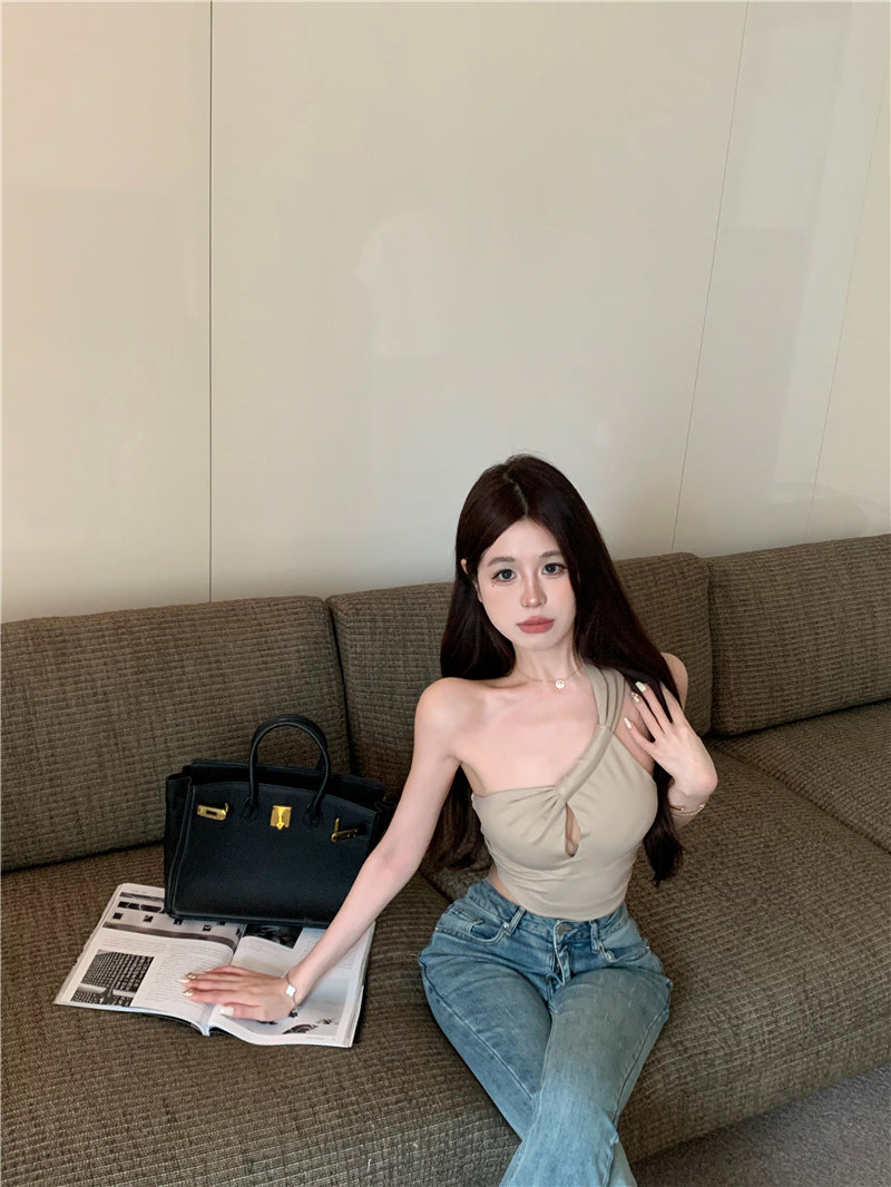💕辣妹斜肩掛脖純色顯瘦上衣