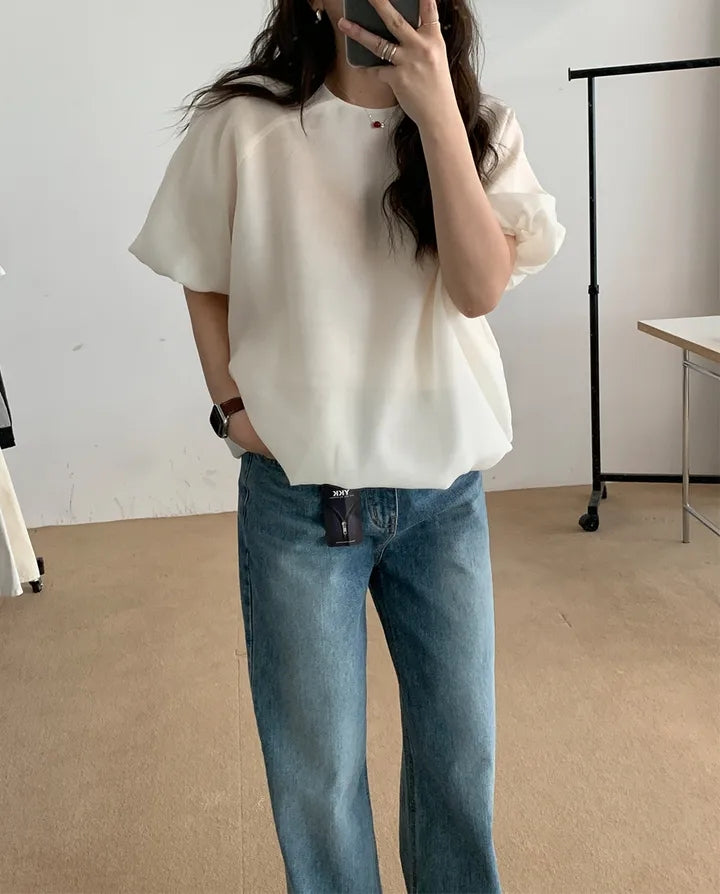 💕溫柔氣質簡約泡泡袖寬鬆顯瘦花苞衫上衣