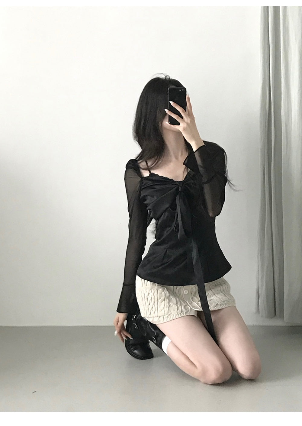 💕法式方領蝴蝶結飄帶氣質收腰顯瘦上衣