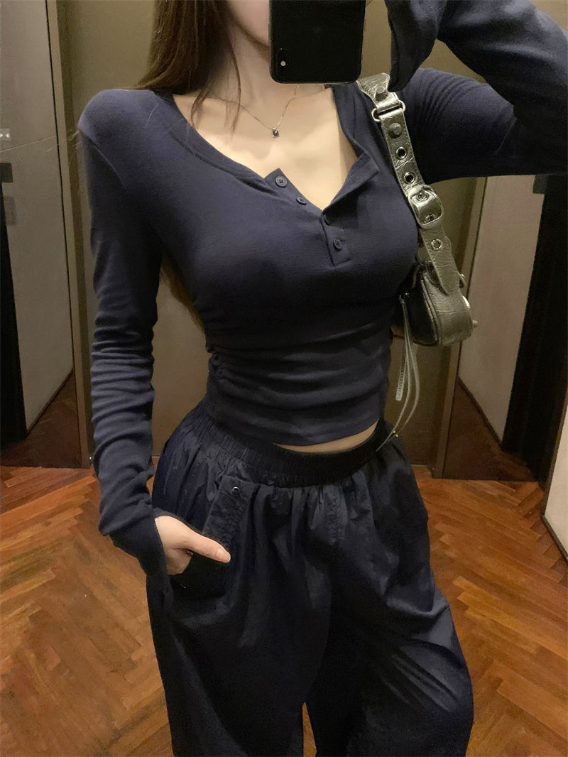 💕秋冬辣妹半高U領修身褶皺短磨毛內搭打底上衣
