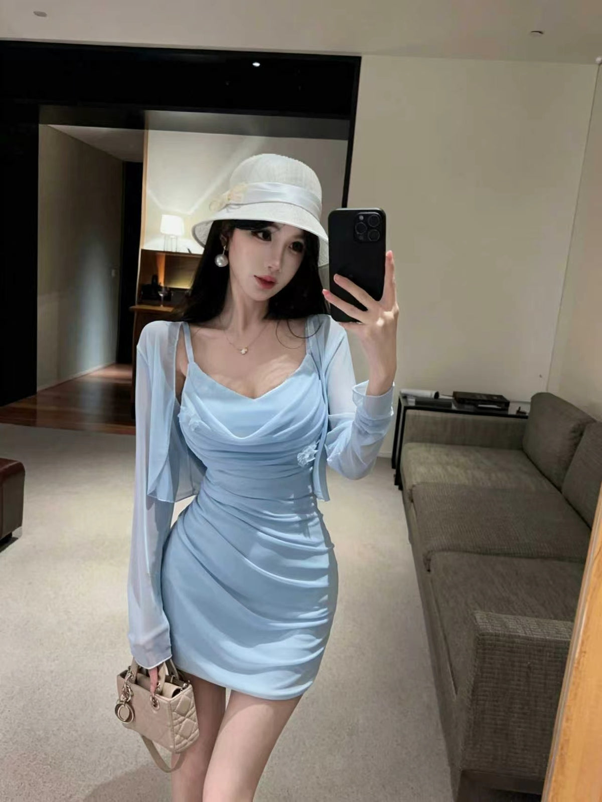 💕甜美性感褶皺修身吊帶連衣裙+開衫