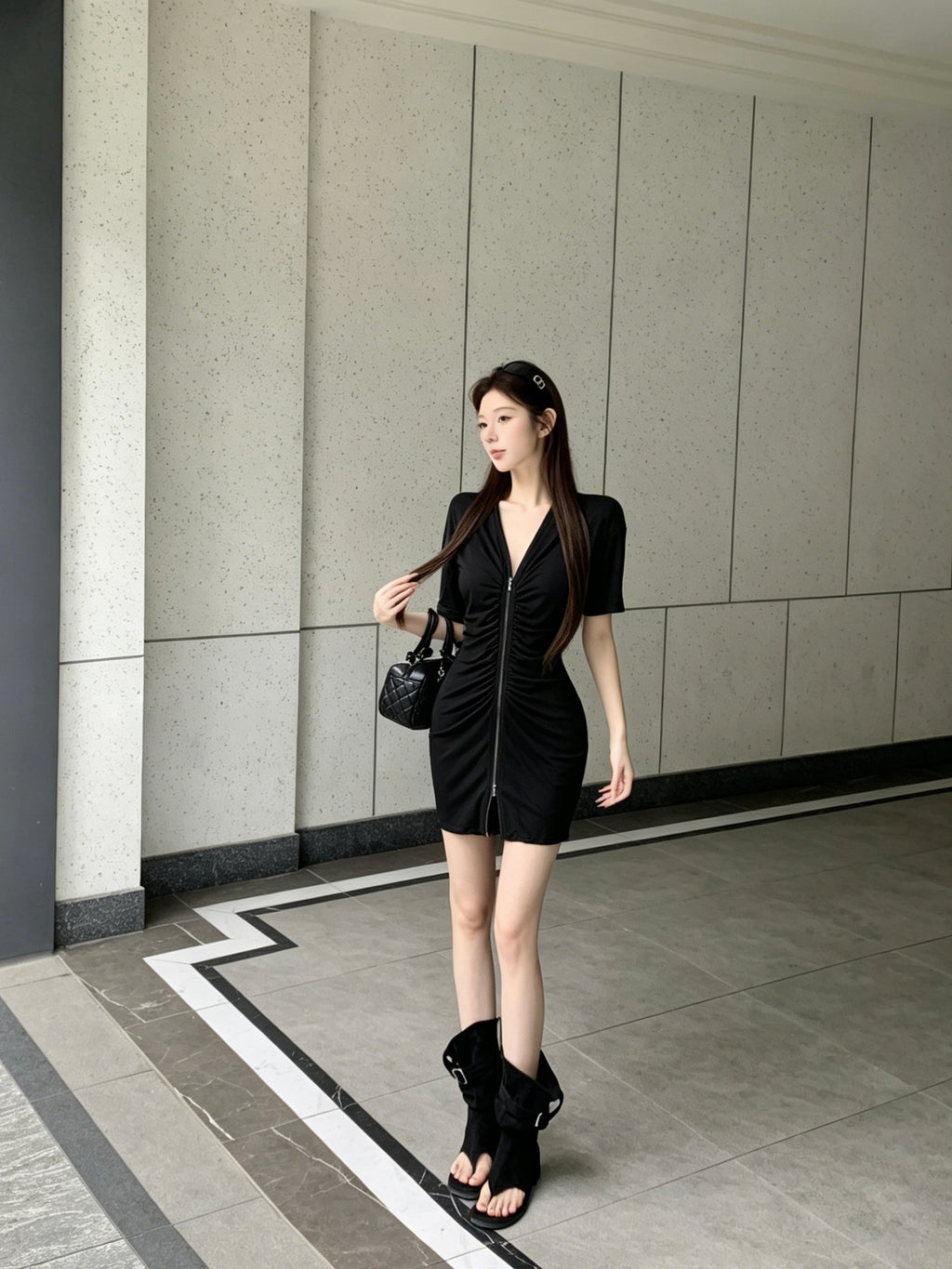 💕休閒簡約韓系黑色收腰V領拉鍊短裙
