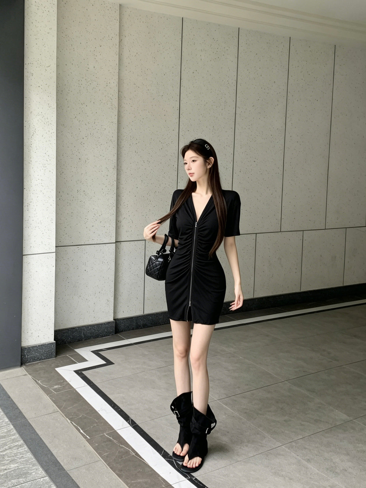 💕休閒簡約韓系黑色收腰V領拉鍊短裙