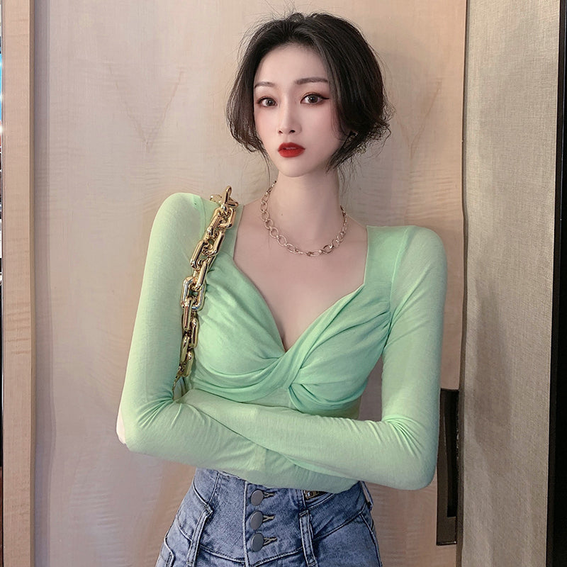 💕長袖V領扭結顯瘦打底衫上衣