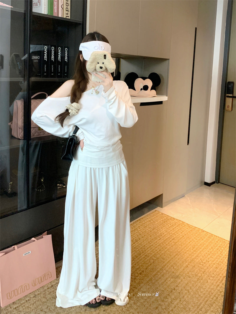 💕純御高彈斜肩長袖闊腿休閒褲套裝