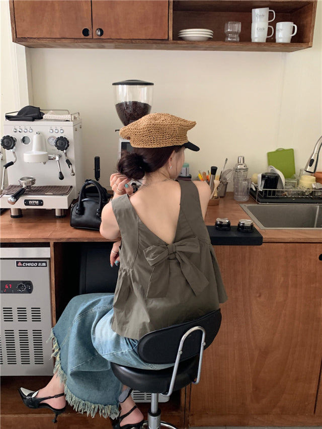 💕夏季甜美蝴蝶結兩穿寬鬆百搭無袖背心上衣