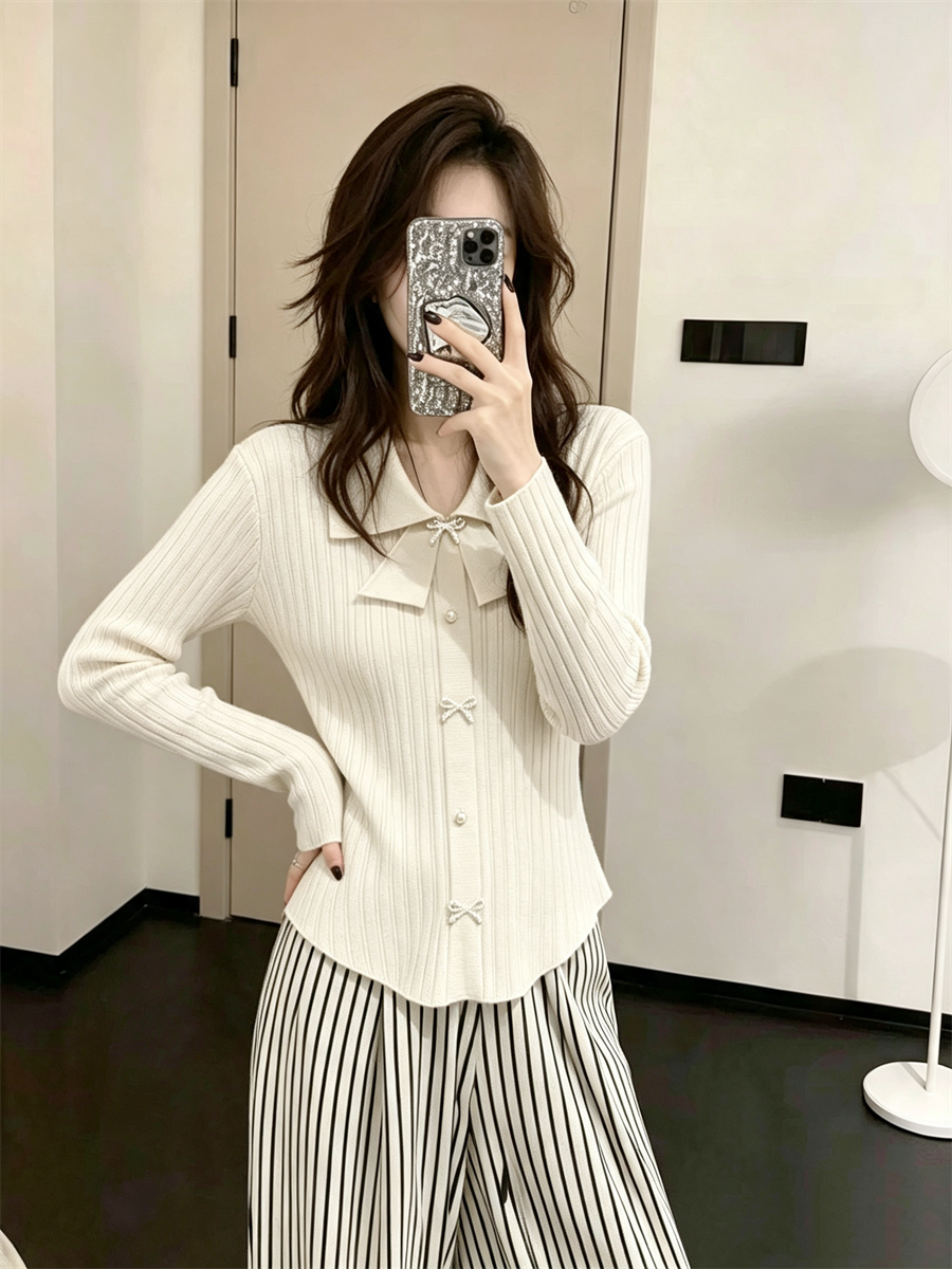 💕小香風蝴蝶結polo領長袖針織毛上衣
