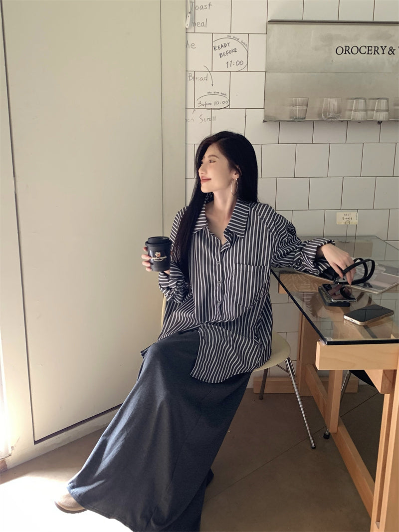 💕休閒條紋口袋襯衫撞色上衣套裝