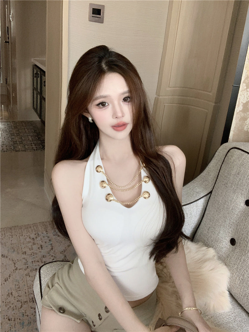 💕V領掛脖吊帶短版絕美上衣