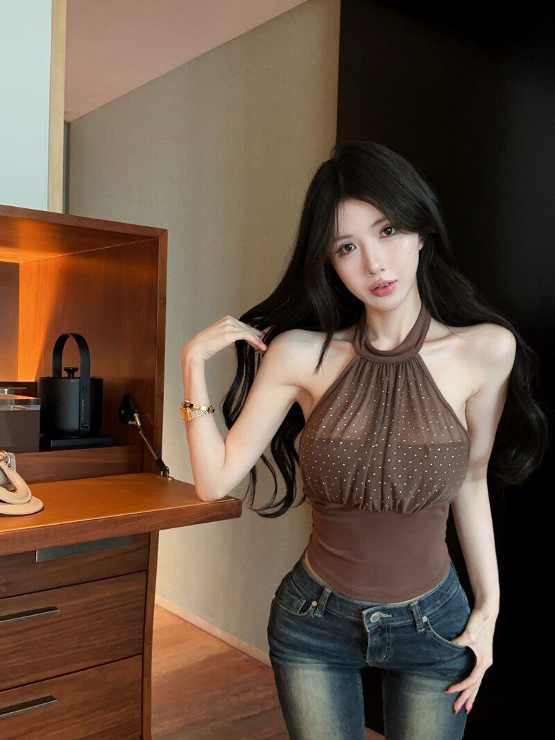 💕掛脖網紗高腰露背燙鑽抹胸單品