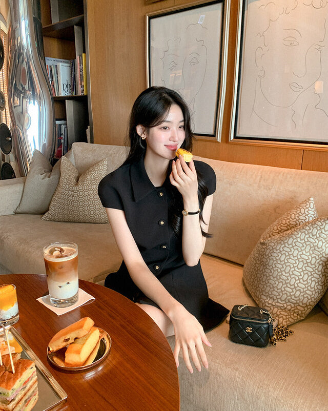 💕韓系氣質小香風翻領收腰小黑裙
