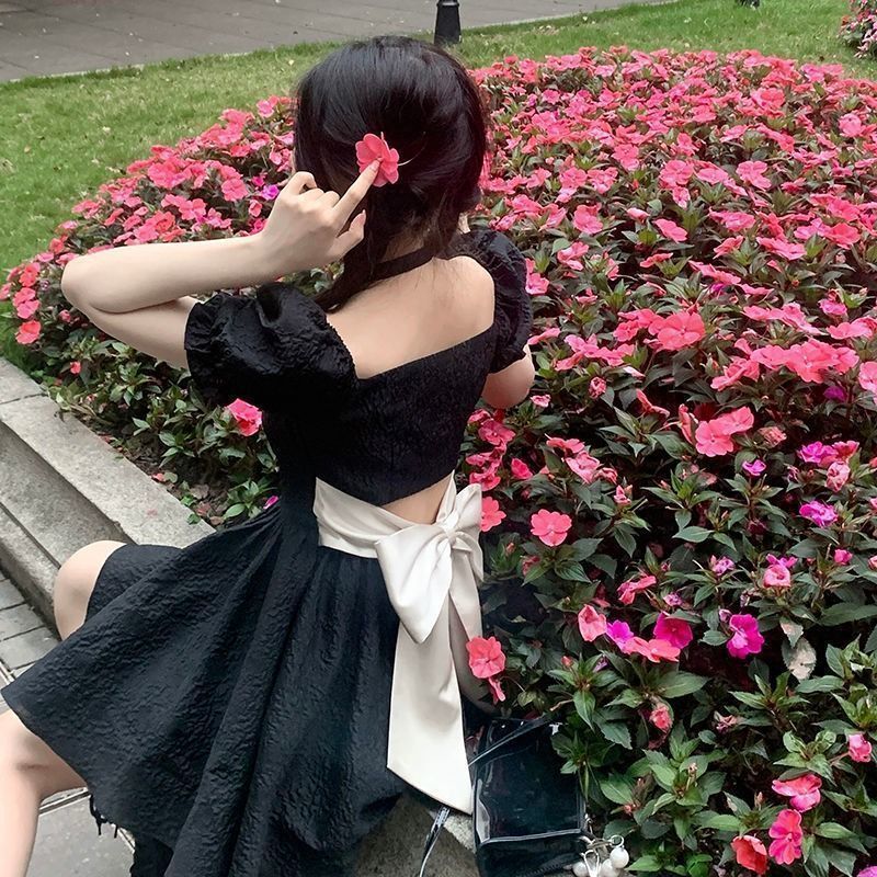 💕方領法式花邊露背蝴蝶結小個子澎澎短裙
