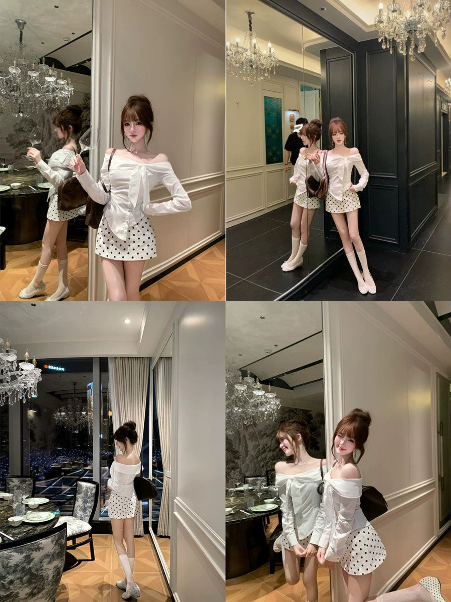 💕chic韓系一字領不規則上衣點點短裙套裝