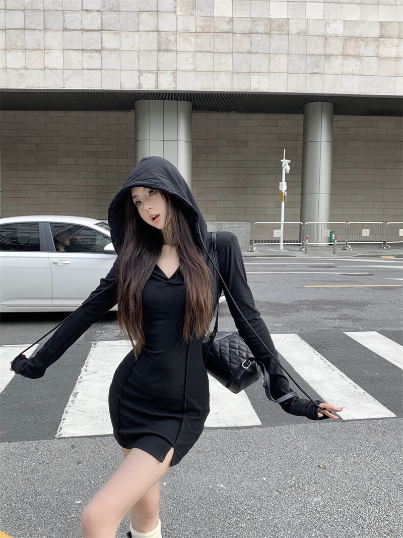 💕秋款連帽長袖收腰緊身包臀裙