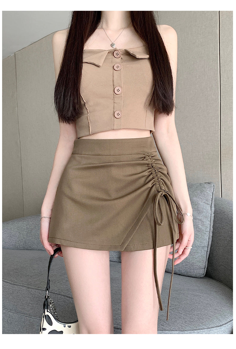 💕春夏西裝面料垂感抽繩高腰短裙