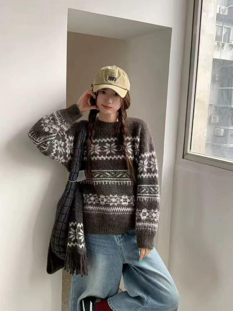 💕韓系圓領復古緹花拚色軟糯針織帶圍巾打底毛衣
