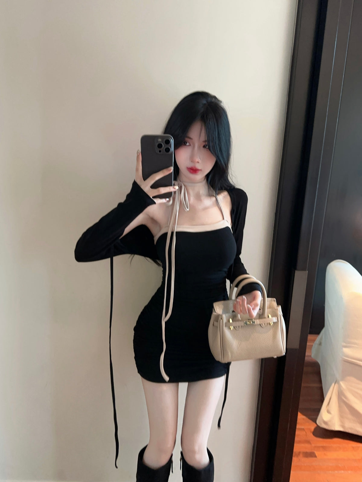 💕拚色系繩多種穿法包臀連身短裙+長袖短款罩衫兩件套
