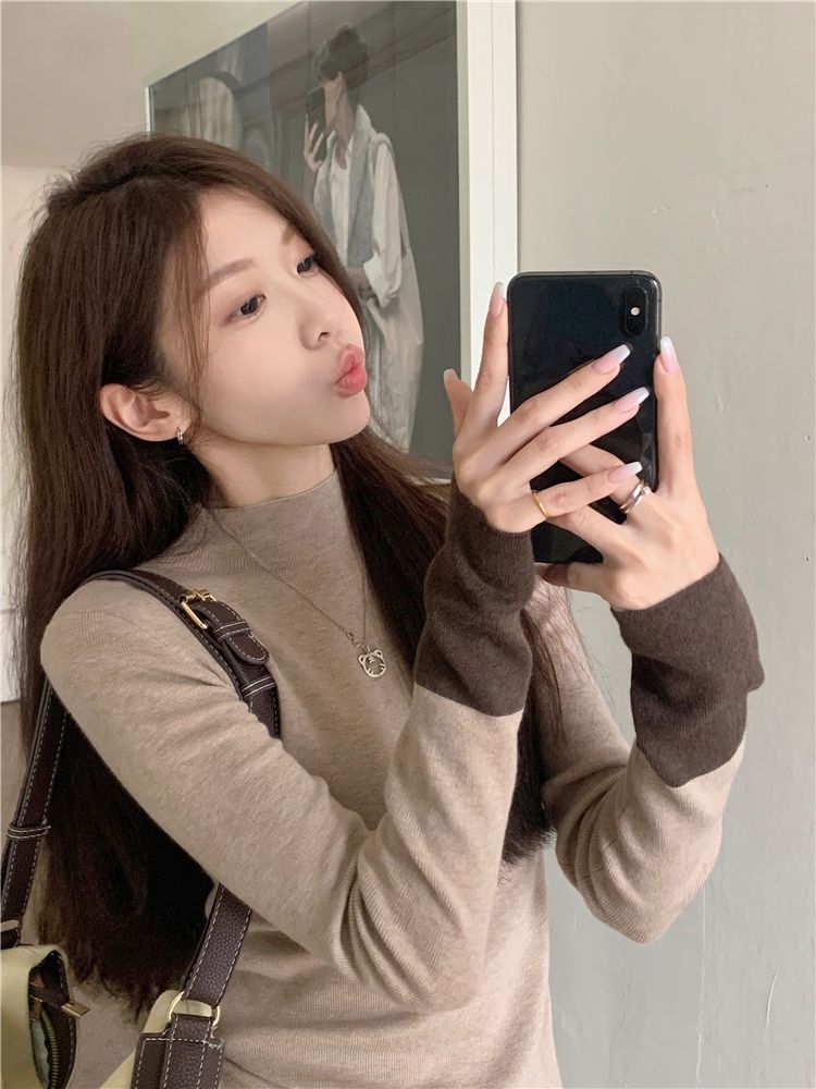 💕通勤百搭撞色長袖針織修身打底上衣