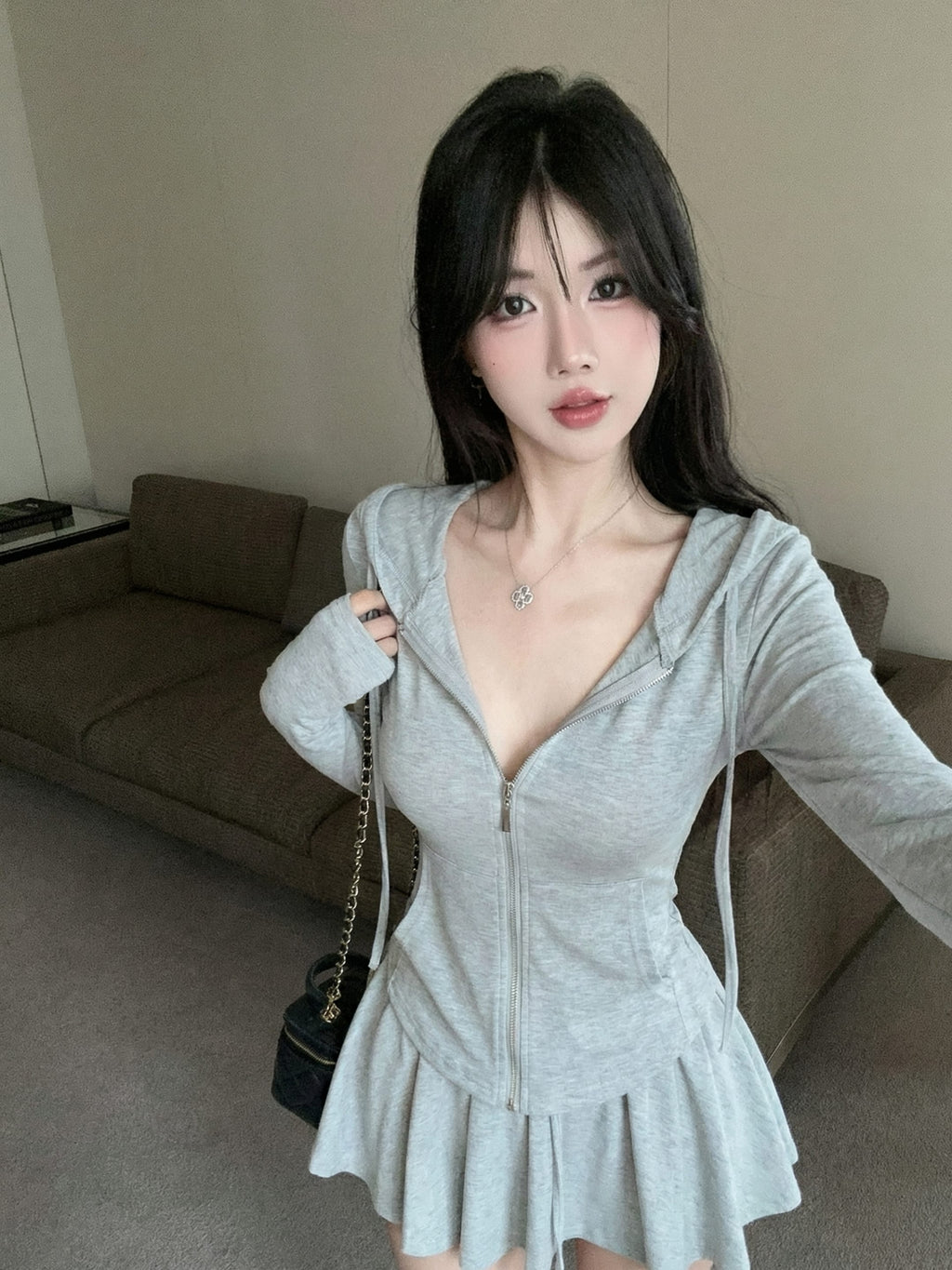 💕白開水套裝輕薄連帽抽繩短裙