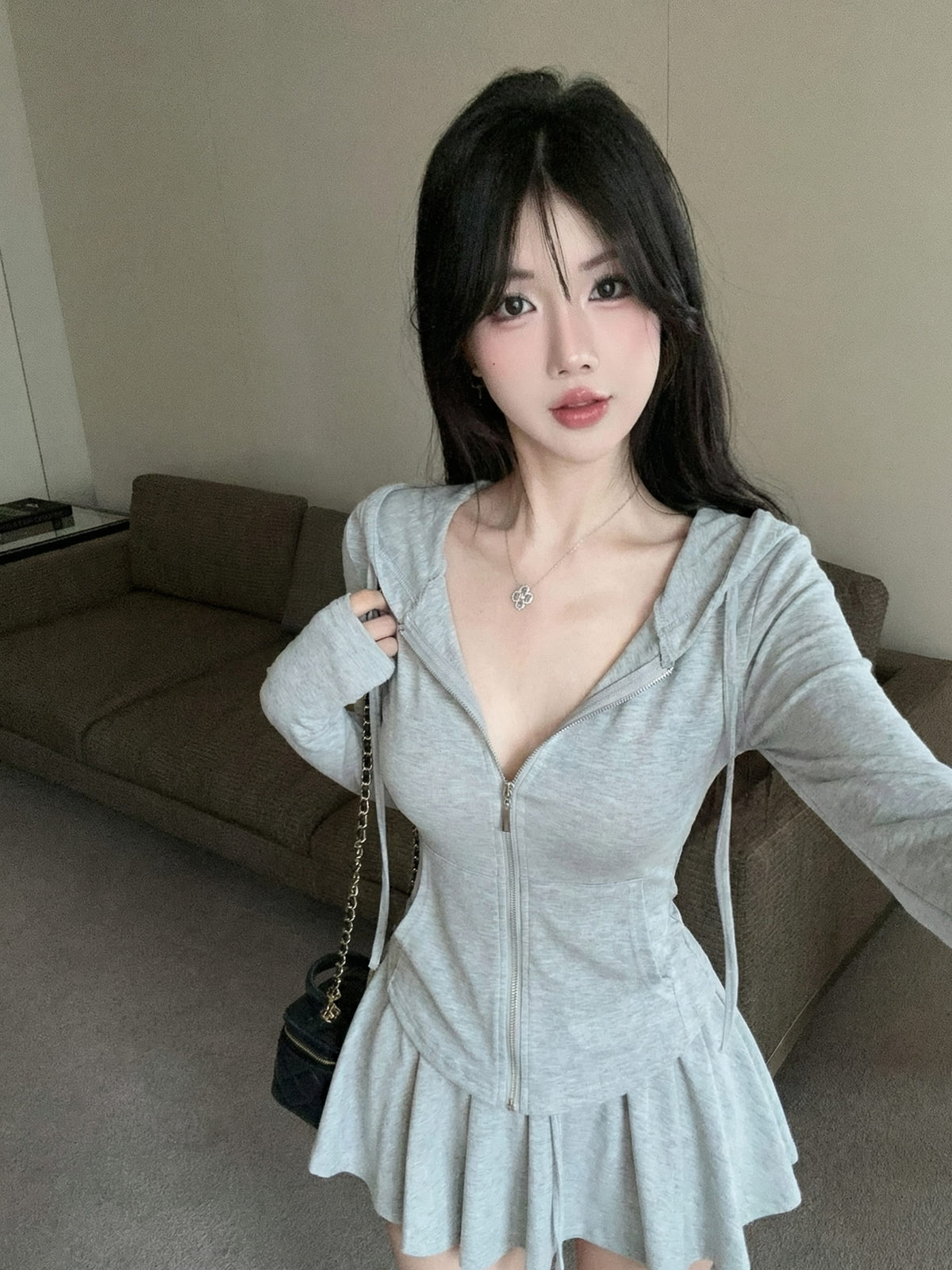 💕白開水套裝輕薄連帽抽繩短裙