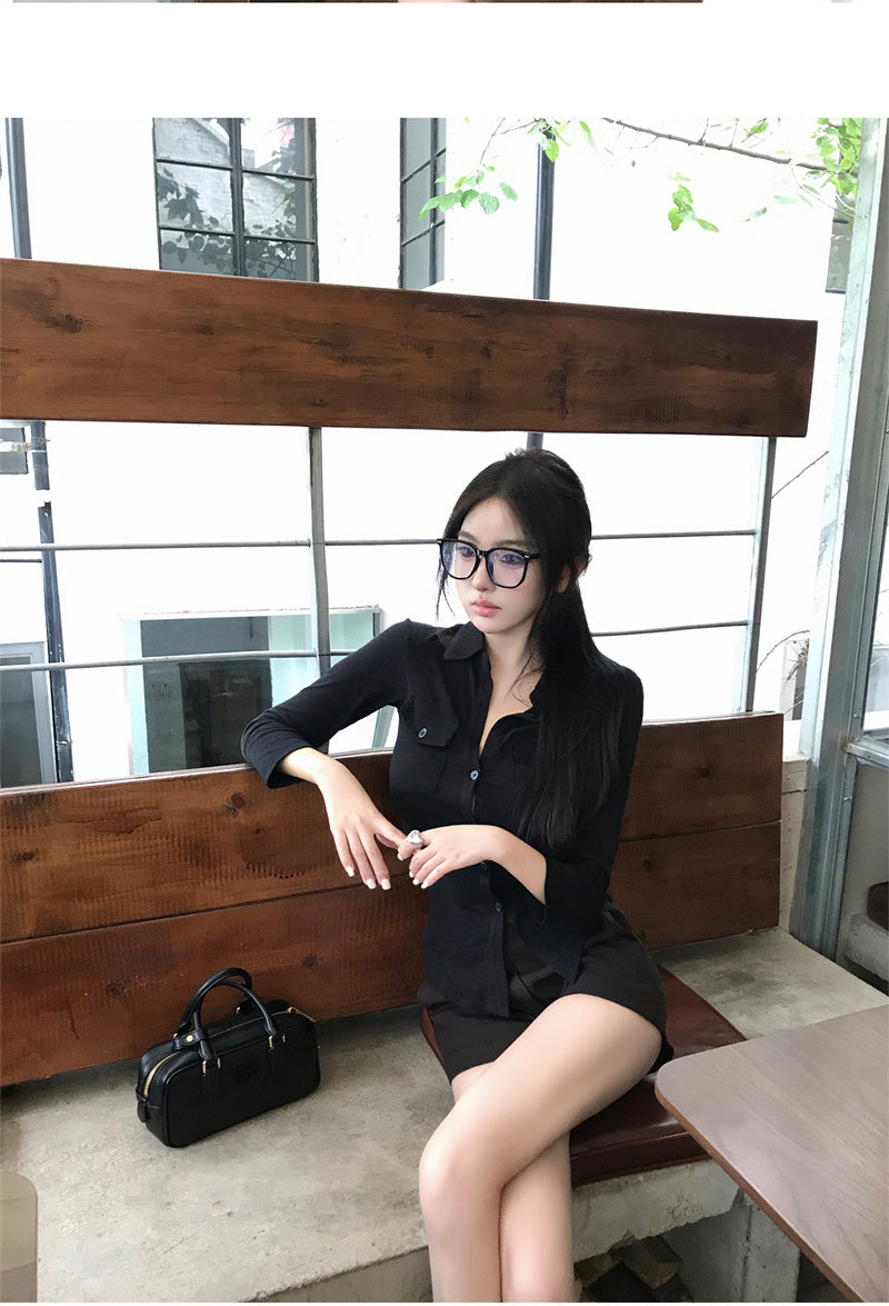 💕氣質翻領長袖收腰鈕扣襯衫