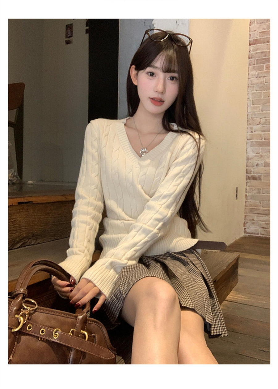 💕韓系慵懶風V領麻花加厚寬鬆毛衣