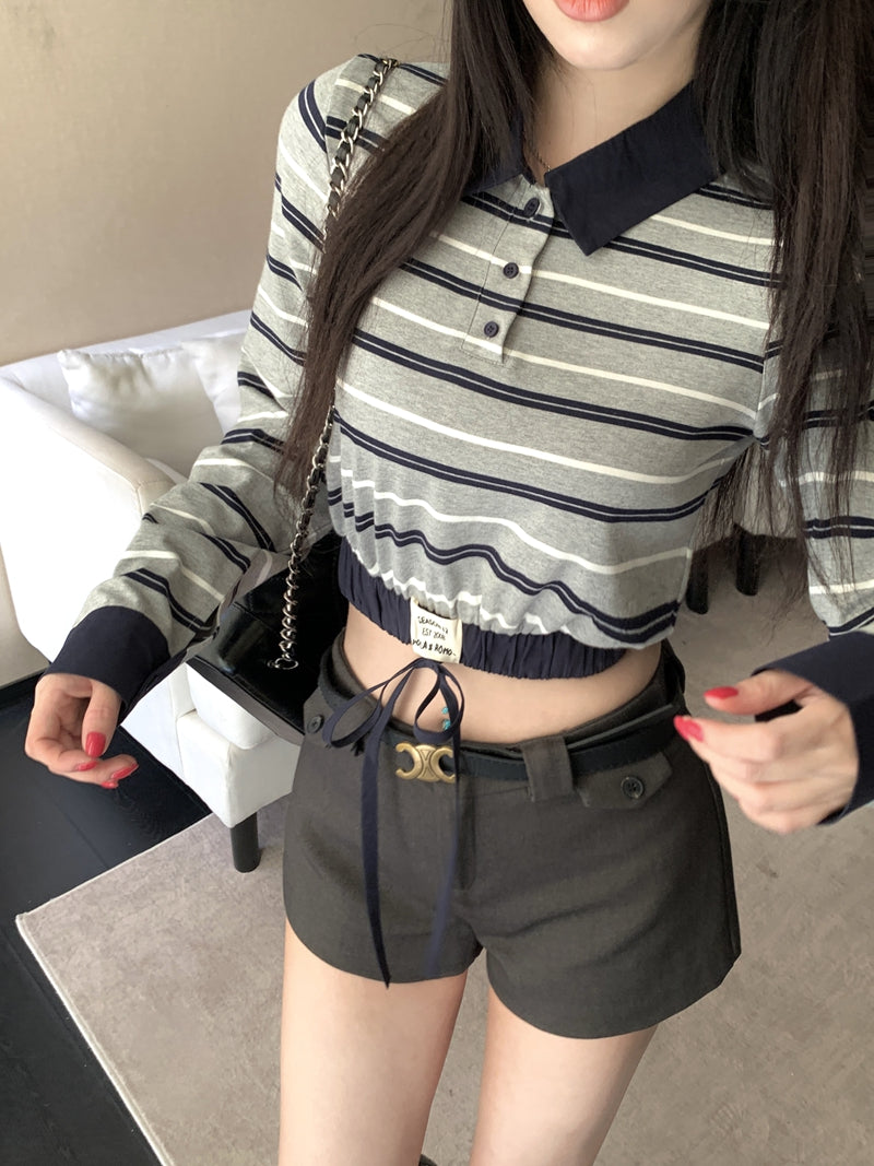 💕復古時尚撞色條紋拼接POLO長袖上衣