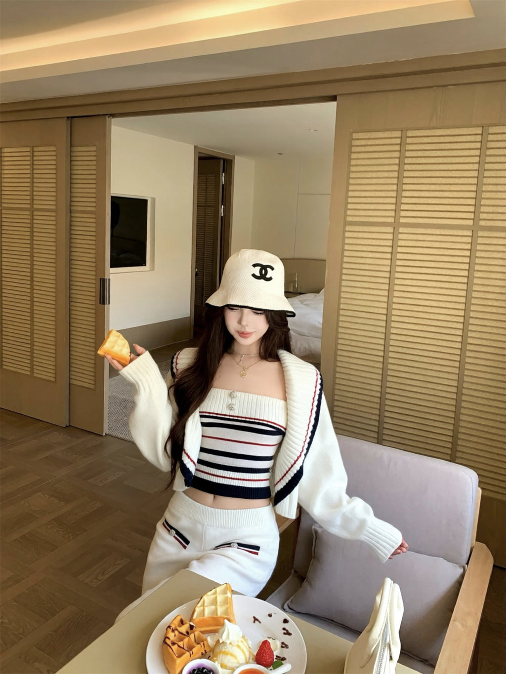 💕休閒慵懶條紋大翻領針織背心三件套