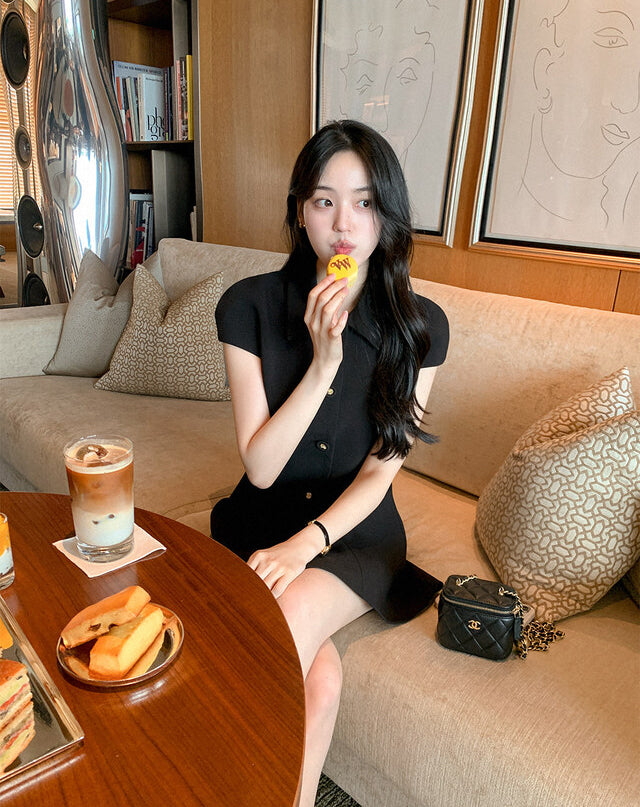💕韓系氣質小香風翻領收腰小黑裙