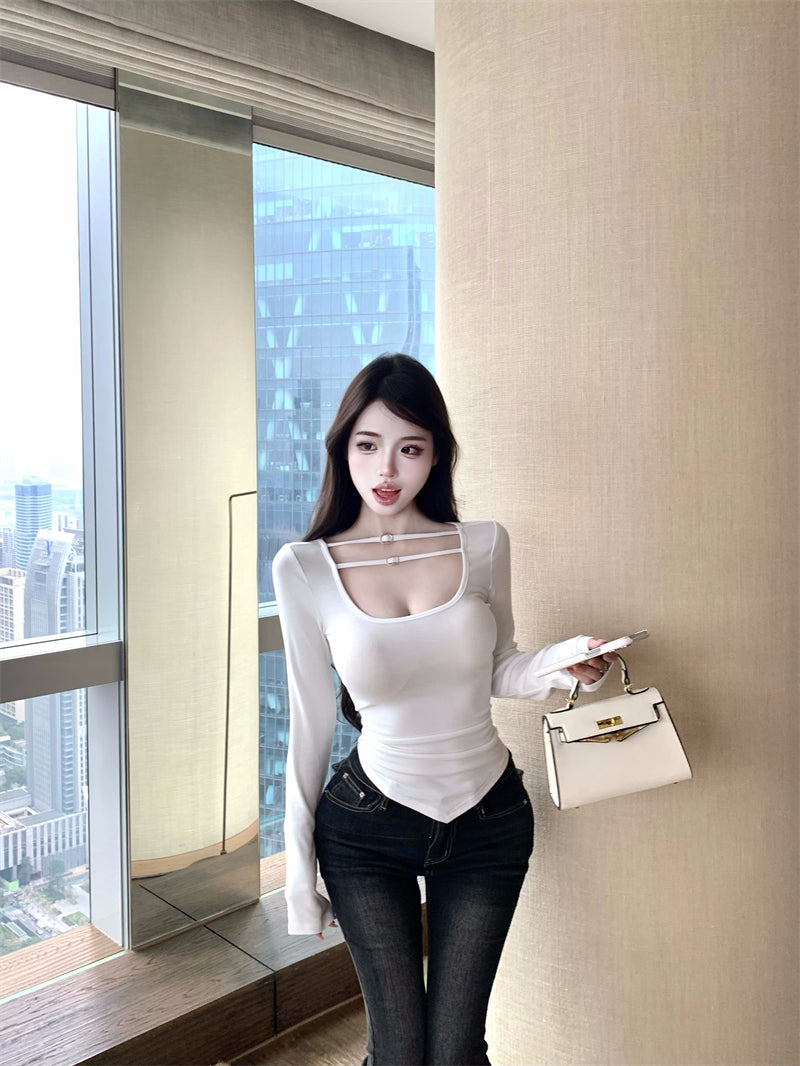 💕氣質設計感褶皺雙條扣低胸上衣