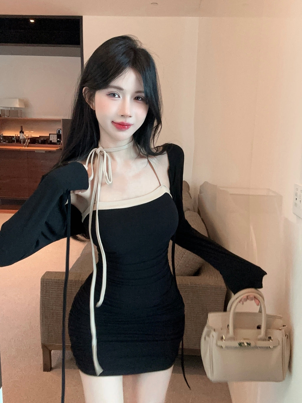 💕拚色系繩多種穿法包臀連身短裙+長袖短款罩衫兩件套