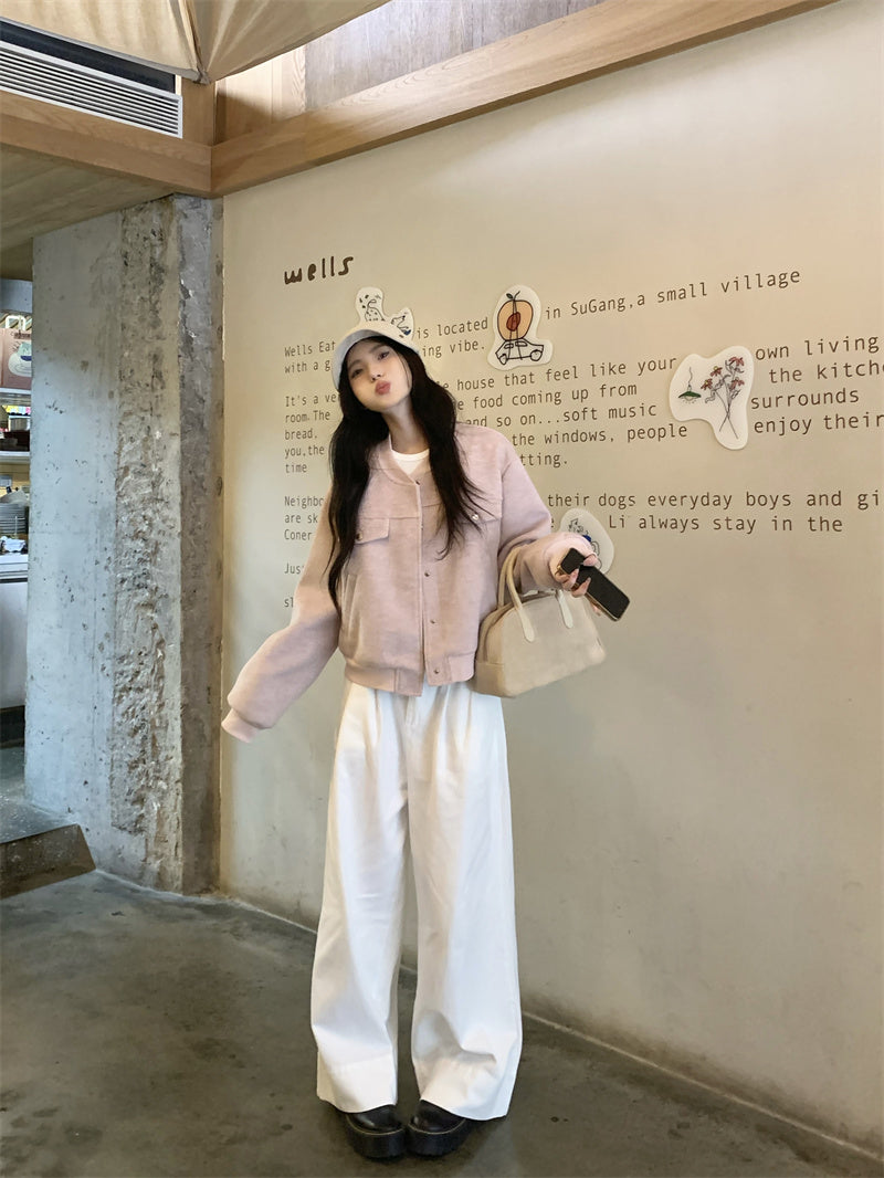 💕韓系通勤粉色棒球短款毛呢外套