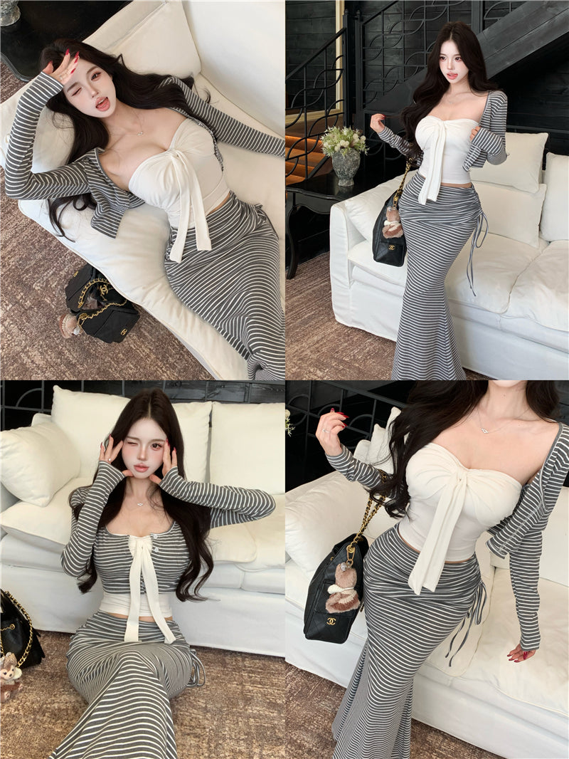💕氣質純欲短款吊帶高腰條紋三件套