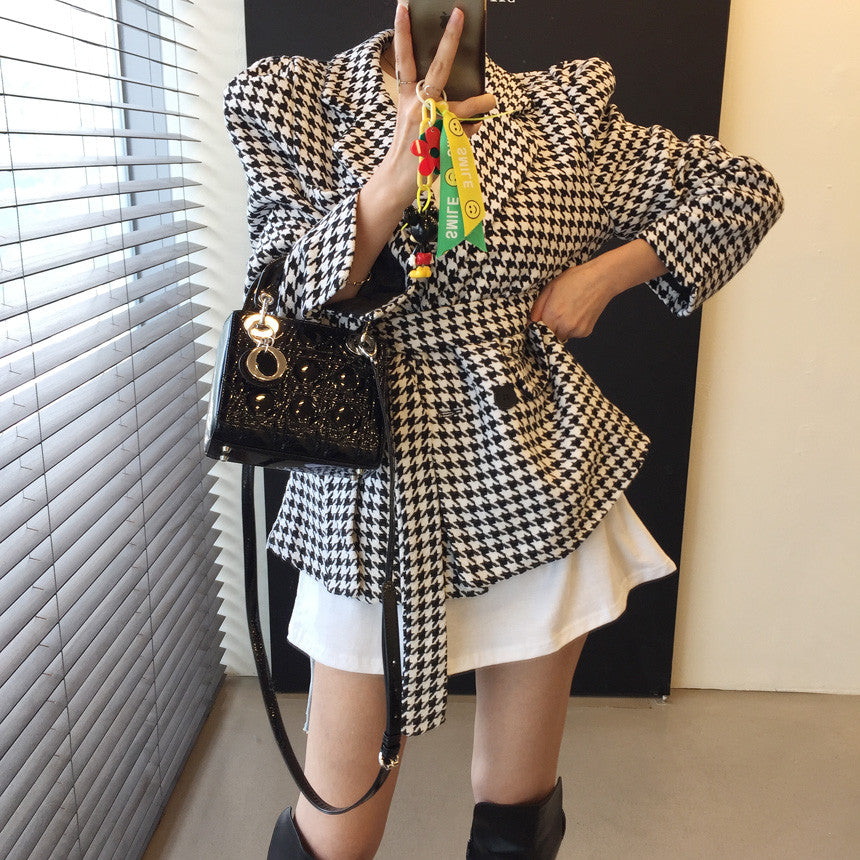 💕秋冬法式泡泡袖系帶收腰千島格大衣外套