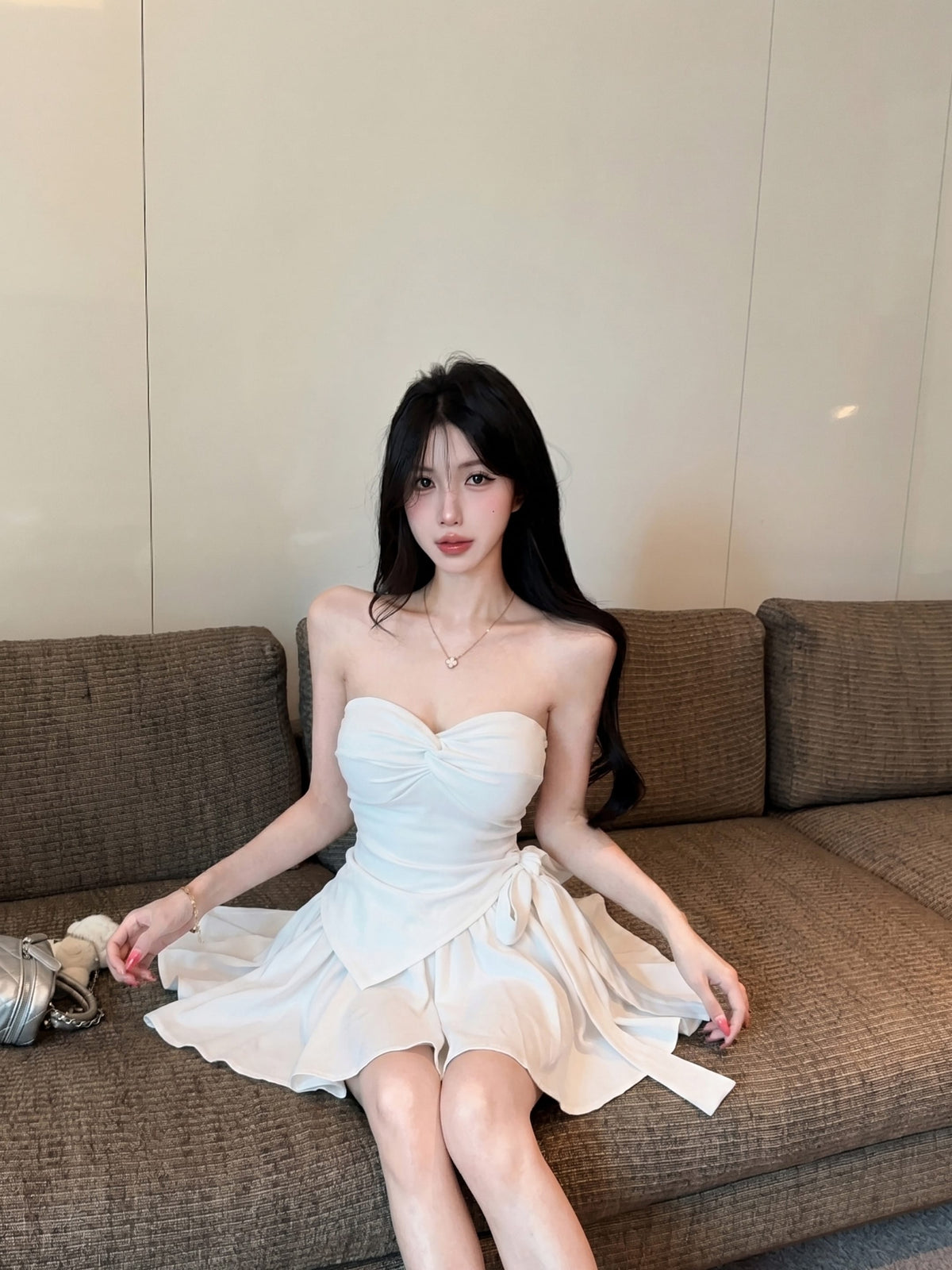 💕氣質帶胸墊不規則下擺系帶扭結兩件套